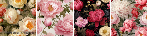 Seamless floral print and pattern of burgundy and pink flowers of peonies, buds, plants and leaves for wrapping paper, greeting card or background