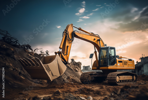 Excavator works on a construction site during excavation work against a blue sky background. Open pit development for sand extraction