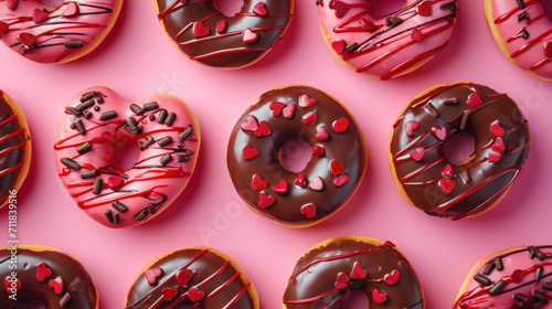 decorated heart shaped and round donuts on pink background