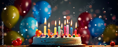 birthday cake with candles and confetti birthday, cake, candle, celebration, party, food, dessert, sweet, happy, chocolate, vector, illustration, candles, flame, holiday, decoration Generative AI 