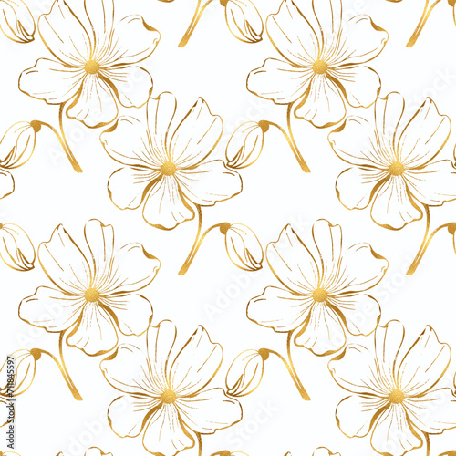 Golden floral hand drawn design. Poppies flower with leaves seamless pattern for textile