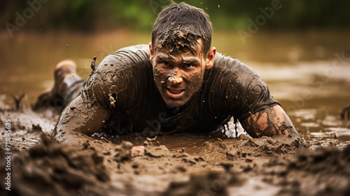 Closeup of strong athletic man crawling in wet muddy puddle in the rain in an extreme competitive sport