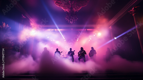 Band Silhouette. View of stage during rock concert with musical instruments and scene stage lights, rock show performance. Electric guitar.