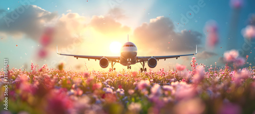 banner of plane on the blossom background. Concept of spring holiday