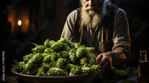 Green hops for beer. Man holding green hop cones.