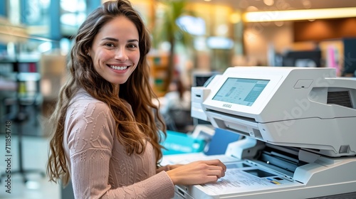Smiling office worker operating a multifunction laser printer in a business office environment