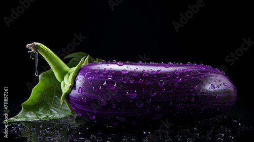 Ripe eggplant close up with glossy purple black skin and dramatic lighting, nikon z6, f5.6