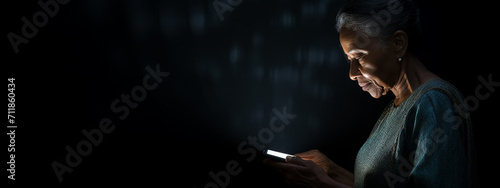 Old lady with the glasses looking at her mobile phone with dark background