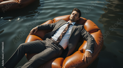 Businessman in suit and tie in a sea in an inflatable boat