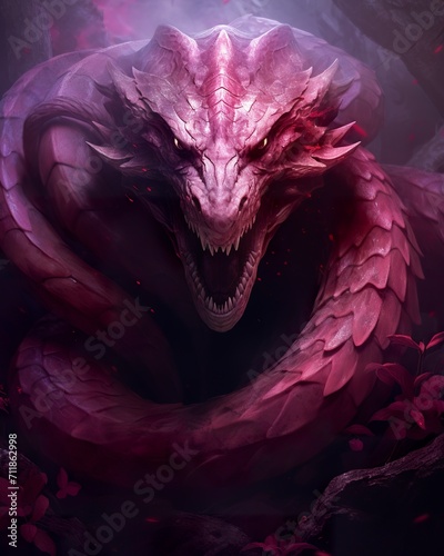 Artistic representation of the Lernian hydra in Greek mythology. Monster with the body of a dragon and the head of a serpent known as the Lerna hydra in conceptual art.
