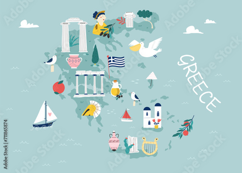 Vector stylized illustrated map of Greece with famous landmarks, places and symbols