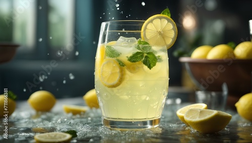 A cup of fresh iced lemon juice with mint and lemon pieces, a healthy drink