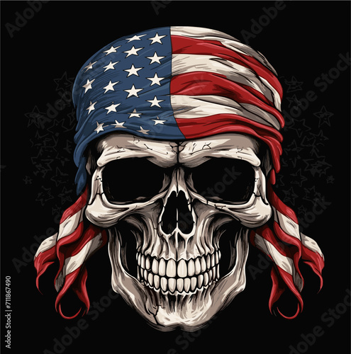Vector drawing for a t-shirt. Skull with an american flag tied in a bandana on the head on a black background. Fashionable print for fabric, paper, men clothing.