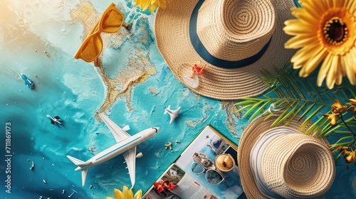 Flat lay of traveler accessories on world map background. Summer travel concept