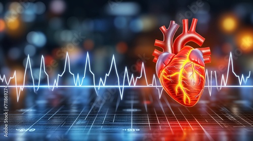Glowing human heart illustration with ekg pulse graph