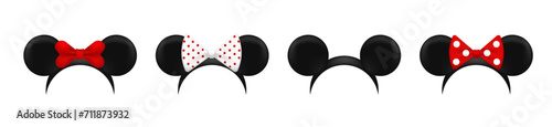 Mouse ears mask template. Black cute hats with red bows for fun parties and carnival with cartoon vector design elements