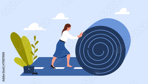 Future career construction and business success. Woman unrolling highway road roll forward to create unique own way, build professional benefits, motivation and opportunity cartoon vector illustration