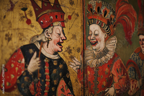 Medieval fresco painting of a king laughing with his queen