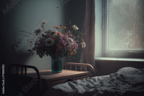 An empty hospital bed with dying flowers. 
