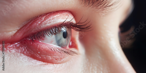 Close up of woman eye with red spots owing to allergy. Realistic anatomies, long lens, attention to detail