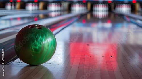 Close-up of a red and green bowling ball in a bowling alley