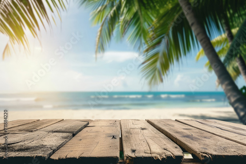 Empty wooden table with tropical beach theme in background. Generative AI