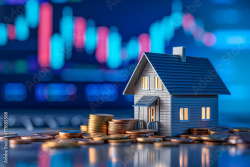 Miniature blue house model amidst coin stacks on a backdrop of stock exchange graph, symbolizing real estate pricing trends and investment strategies