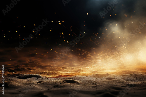 Background with sand, sparks and golden bokeh. Generated by artificial intelligence