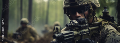 Close-up portrait of a soldier with a weapon during a military operation