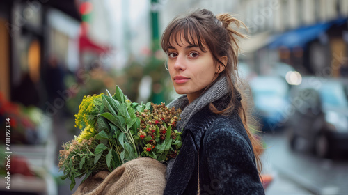 A beautiful girl with long naturally disheveled hair with a large rag bag filled with flowers and greenery, on a blurry background of a city shopping street