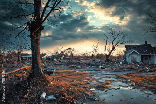 Tornado aftermath, a striking image showing the aftermath of a tornado with uprooted trees, damaged structures.