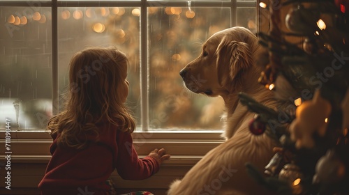Toddler and a golden retriever looking out the window