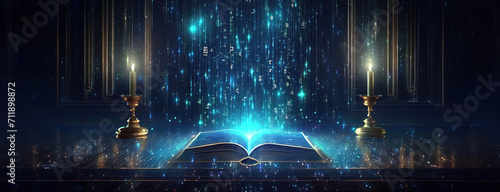 Enchanted book radiates mystical light between candlesticks. Scriptures lies open, emanating a mysterious blue glow that illuminates the surrounding darkness. Panorama with copy space.