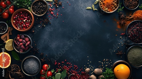 Assortiment d'épices et de légumes frais sur un fond noir en ardoise, image avec espace pour texte