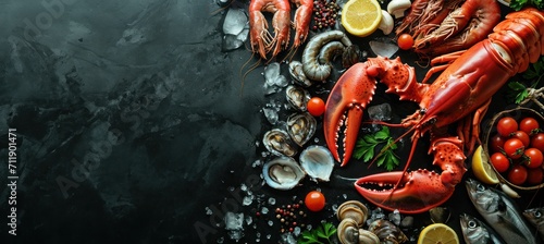Assortiment de fruits de mer sur un fond noir en ardoise, image avec espace pour texte