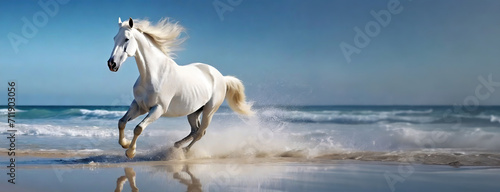 Majestic white horse galloping on a sunny beach. The horse's mane flows in the wind as it moves powerfully along the shore, its hooves kicking up the sand. Panorama with copy space.