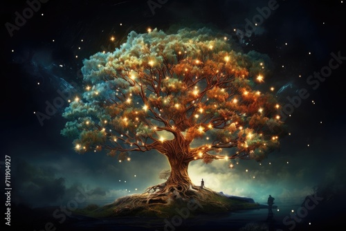 sparkling magical miracle tree at the edge, fairy-tale landscape, concept of magic, dream come true