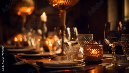 Luxury celebration candlelight, wineglass, elegance, illuminated, romance, silverware, glass, decor, party generated by AI
