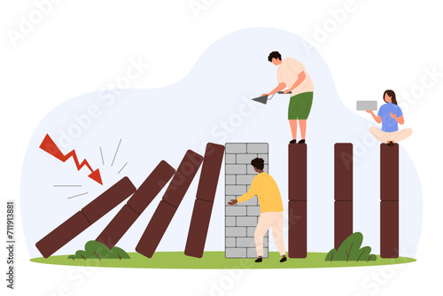 Proactive risk management. Tiny people building brick wall to avoid falling domino, control vulnerability and manage impact of danger, plan prevention, action for stability cartoon vector illustration