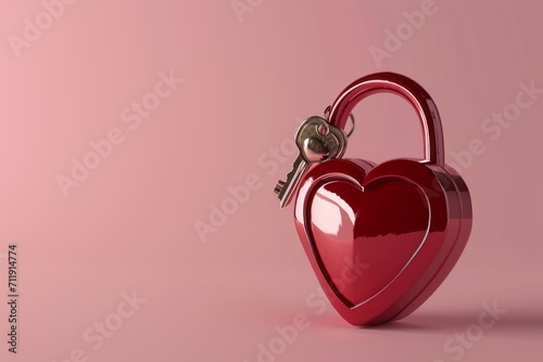 red heart shaped locked padlock with key inside, copy space, isolated on pastel pink background