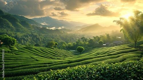 Terraced tea fields at dawn with soft light. Tea Plantation. Perfect for postcards, agricultural business presentations, or wellness and tranquility themes. Can be featured in tea product packaging