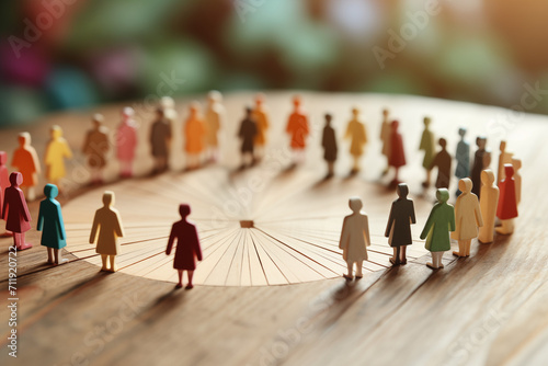 DEI, Diversity equity and inclusion concept. People figures in the circle. Team work, diverse culture. Copy space and selective focus. High quality photo