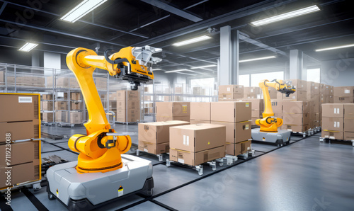 Robotic arms that handles parcel logistics in a warehouse, showcasing AI innovation and technological advancement. Generative AI
