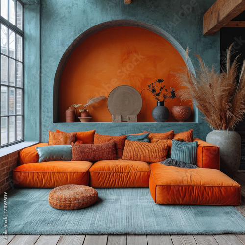 Dutch Modern Living Room Setup: Orange and Blue Themes
