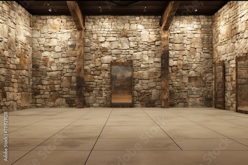 3D rendered historical stone wall with exhibition space. Ideal for promotions across various platforms. Generative AI
