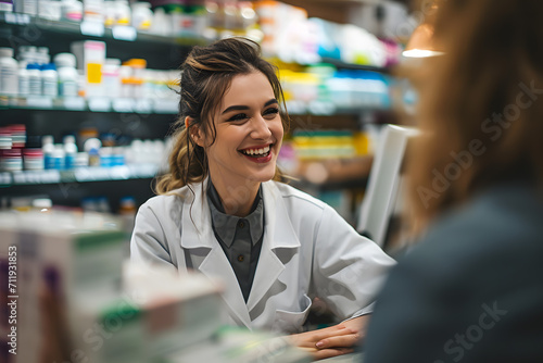 Shot of a cheerful young female pharmacist giving a customer prescription meds over the counter in a pharmacy.