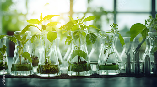 Des recherches en laboratoire sur des plantes dans une série d'éprouvettes en verre.