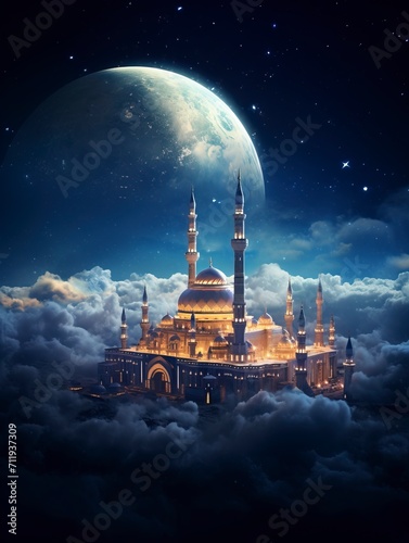 Beautiful Mosque flying through the clouds in the night sky. The moon creates light. The Milky Way begins to appear. copy space - generative ai
