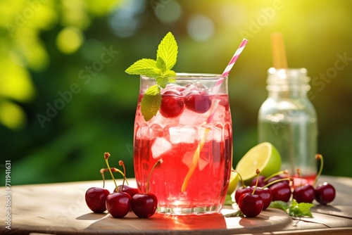 Enjoying a refreshing glass of cherry lemonade garnished with fresh fruits on a wooden table outdoors