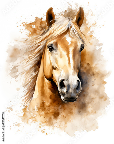 Palomino horse watercolor with colorful splashes of paint. Equine art golden horse isolated on white background. Equestrian sport Halflinger pony, wild mustang head, horseback riding drawing by Vita
